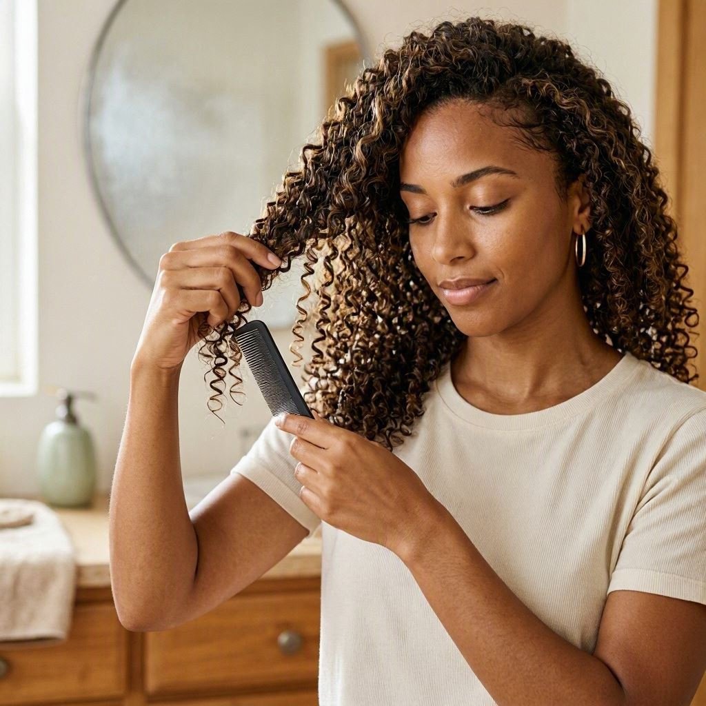 woman gently detangling curly hair