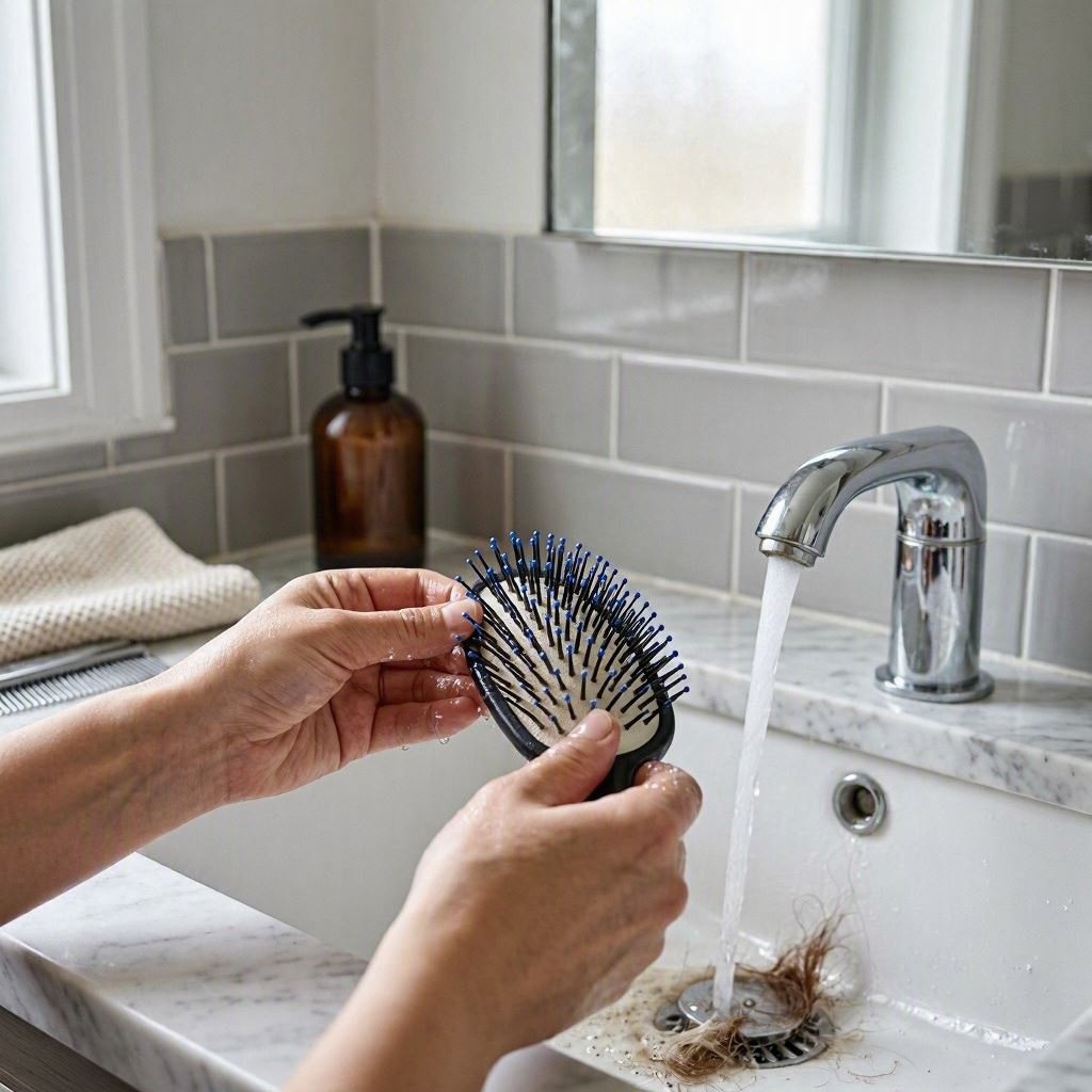 person cleaning a hairbrush