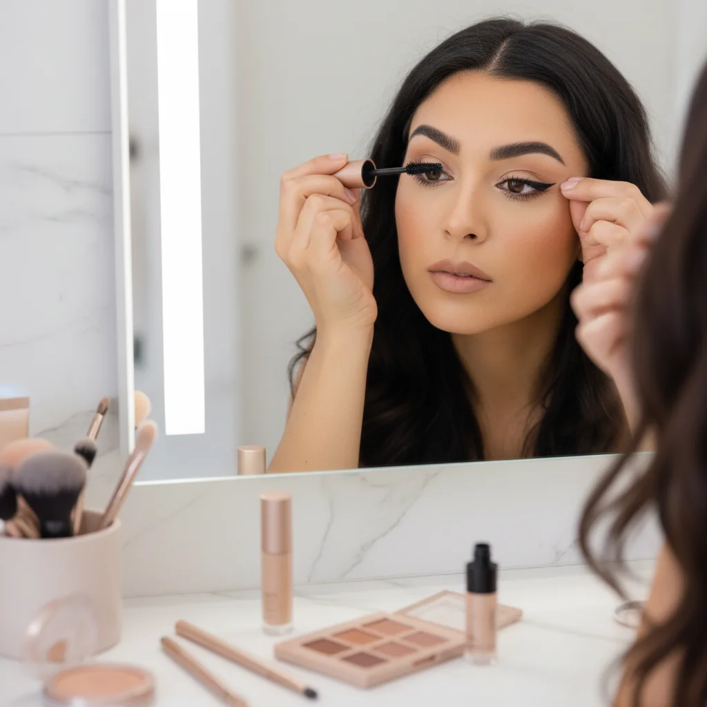 woman applying eye and brow makeup