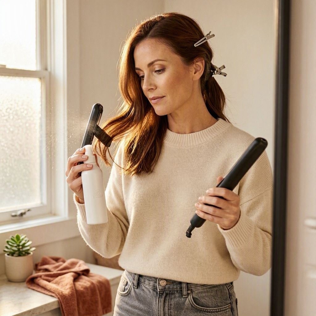 woman applying heat protectant to her hair
