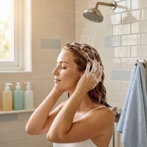 Woman washing her hair with shampoo in the shower