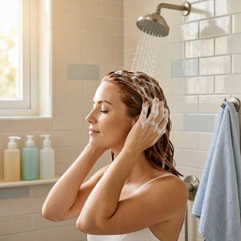 Woman washing her hair with shampoo in the shower