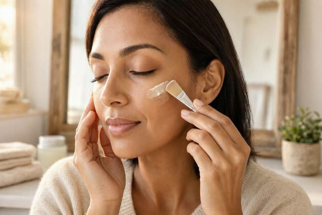 woman applying face primer before makeup