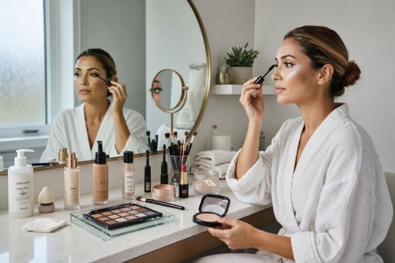 woman following a makeup routine step by step