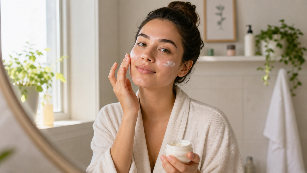 Woman applying moisturizer during a morning skincare routine