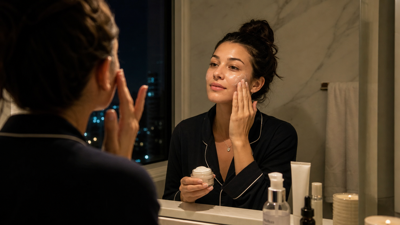 Woman following a nighttime skincare routine
