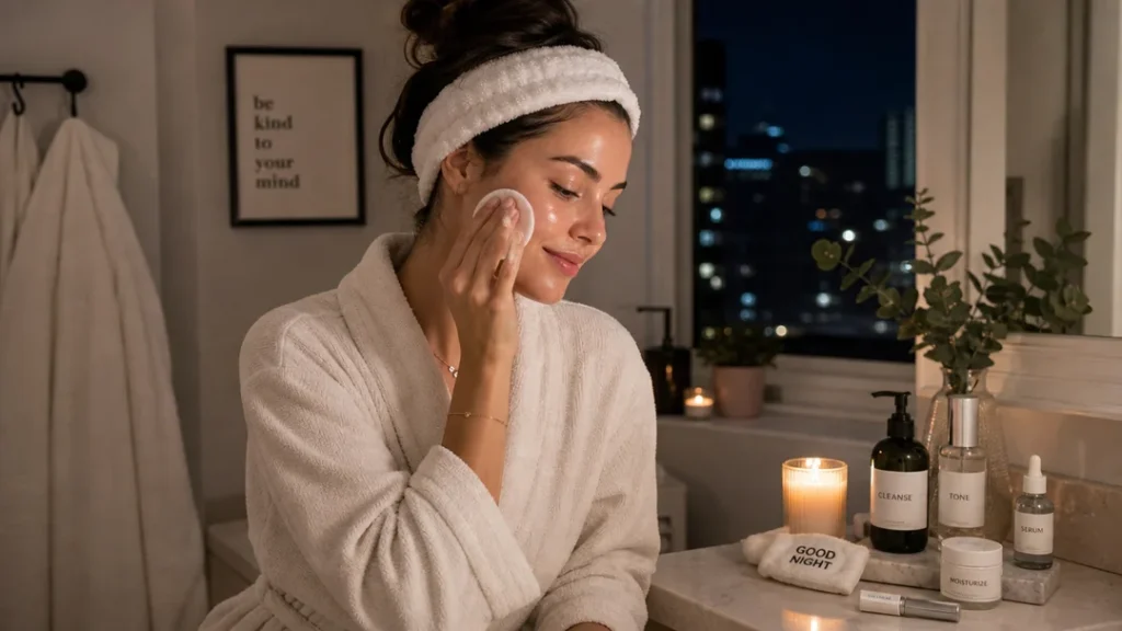 Woman following a nighttime skincare routine
