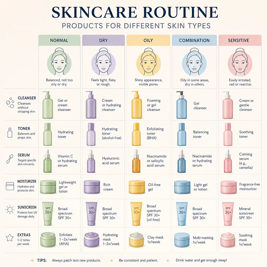 Skincare products for different skin types
