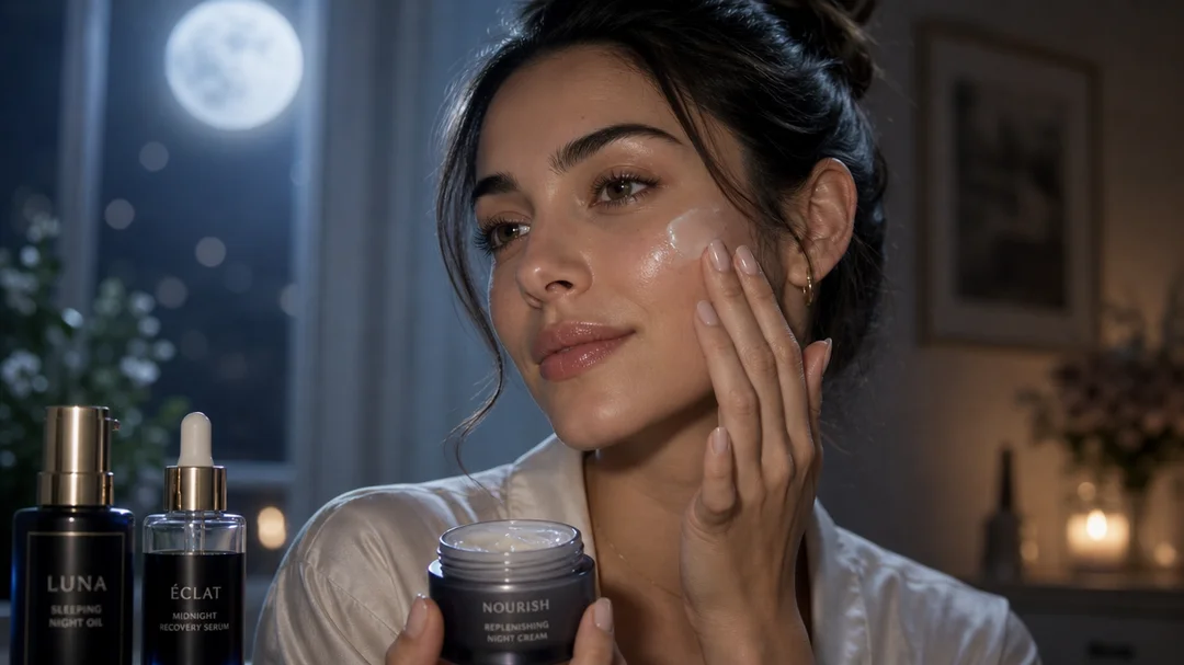 Skincare products used in a nighttime skincare routine