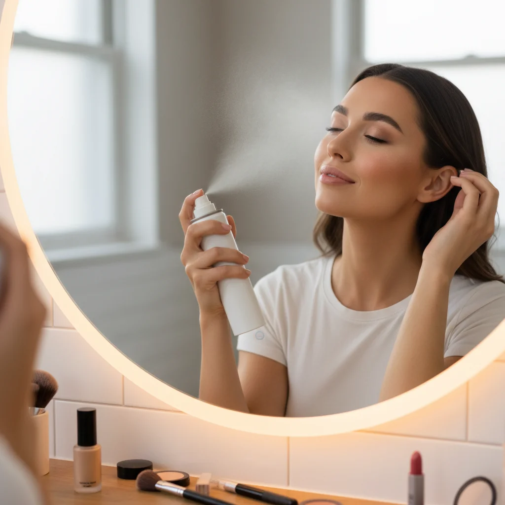 woman setting her makeup with setting spray