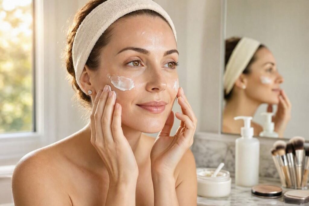 woman preparing her skin before applying makeup