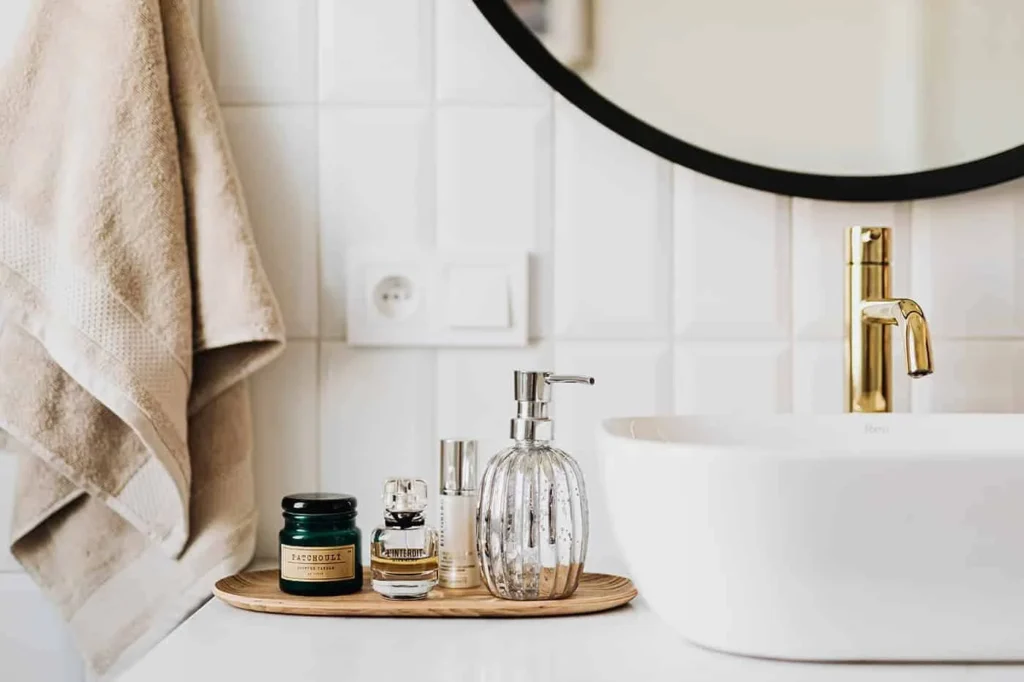 Flatlay of assorted skincare product bottles