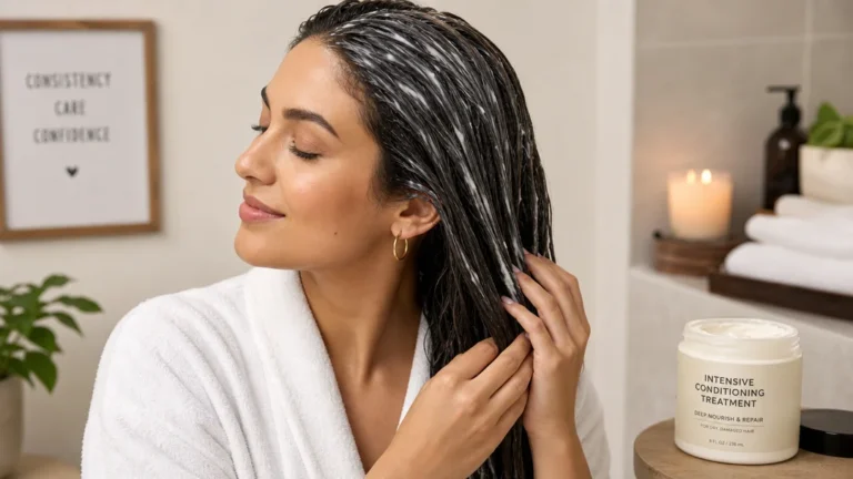 Woman with dry hair receiving intensive conditioning treatment