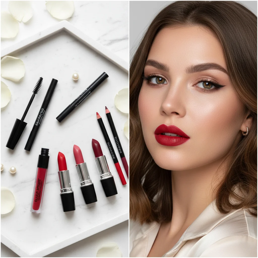 Eye makeup and lip products for finishing a makeup look
