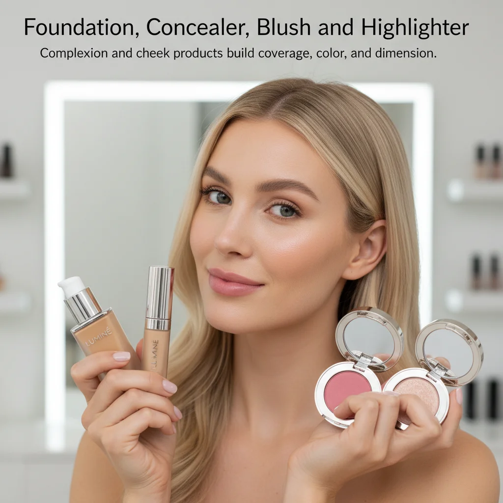 Foundation, concealer, bronzer, blush, and highlighter