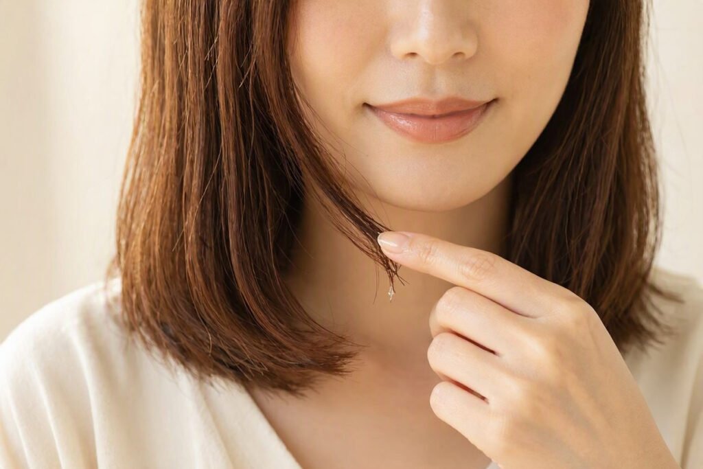 A small amount of hair oil applied to dry hair ends
