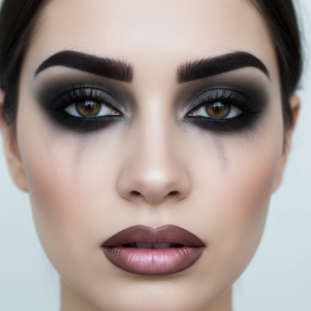 Heavy eyebrows and eye makeup creating an overly harsh look