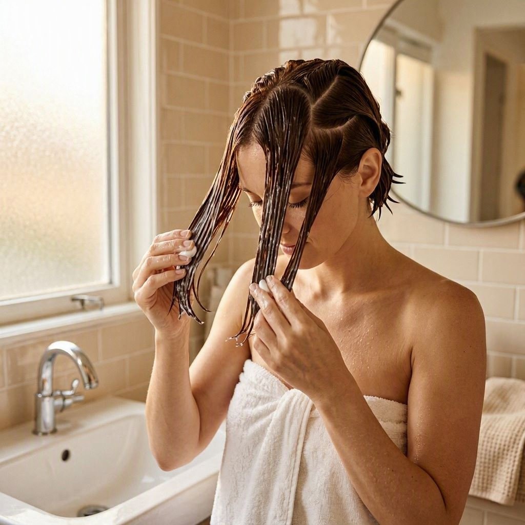 Woman applying deep conditioner to damp hair