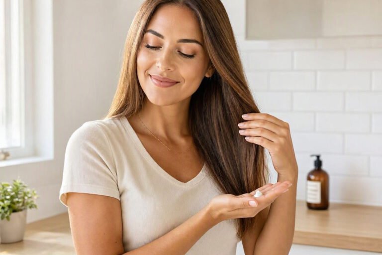 Woman applying leave-in conditioner to her hair