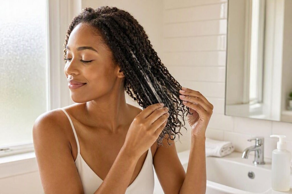 Woman applying leave-in conditioner to the lengths of her hair