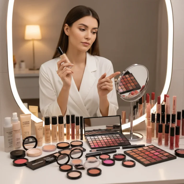 Makeup products arranged in order for a complete makeup look