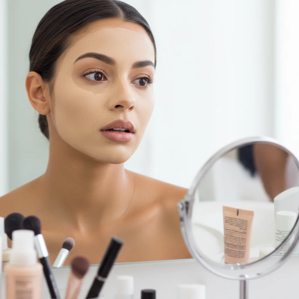 Wrong foundation shade visible on the face and neck