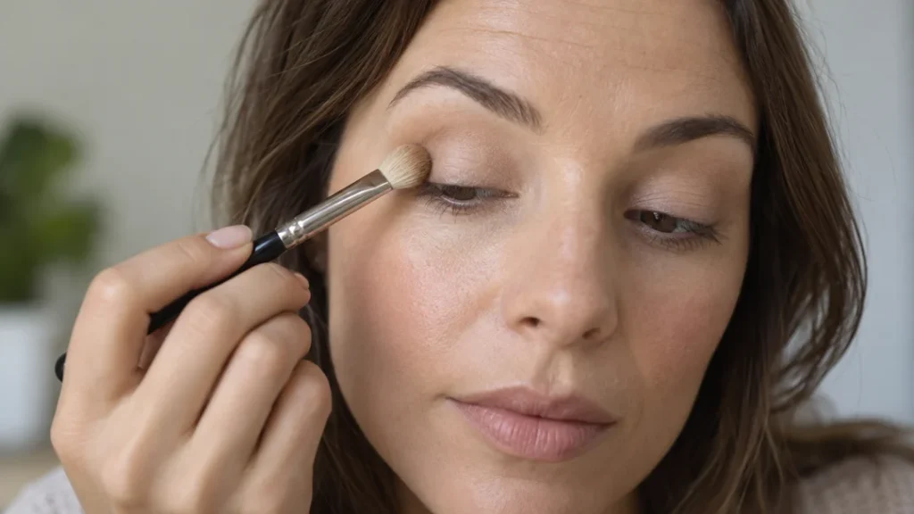 Woman applying a neutral eyeshadow base with a makeup brush