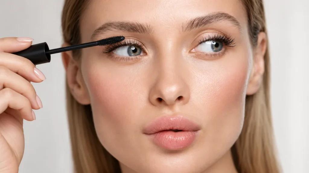 A mascara wand held carefully away from the lash line