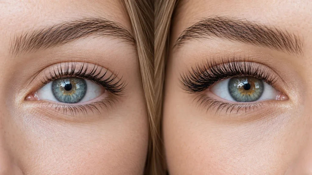 Close-up comparison of classic and volume lash extensions