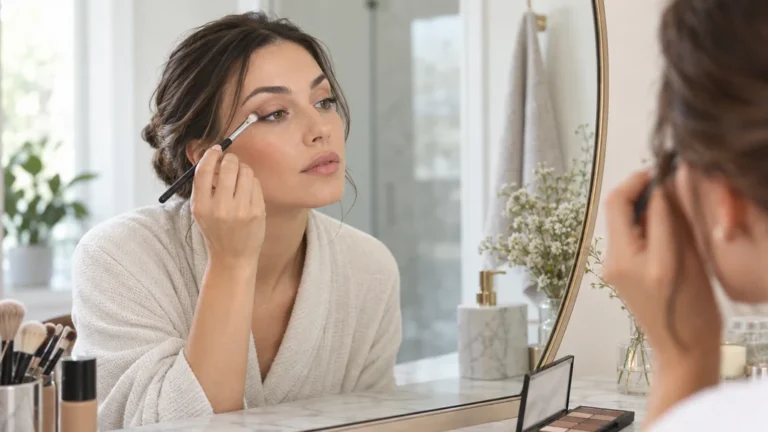 Woman applying neutral eye makeup in front of a mirror