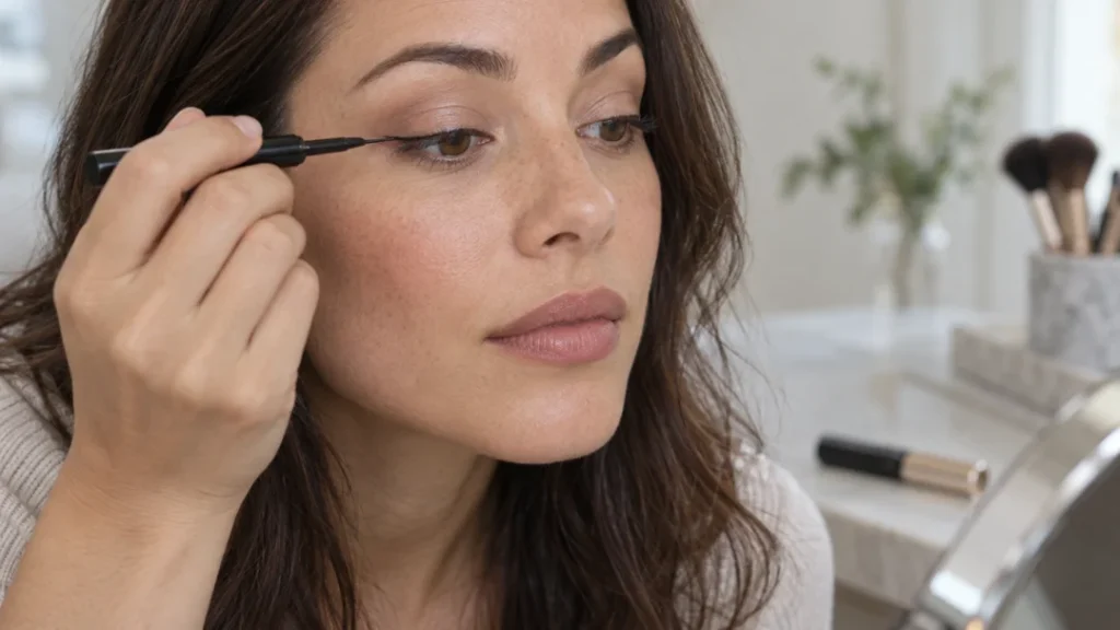 Woman adding subtle eyeliner after applying neutral eyeshadow