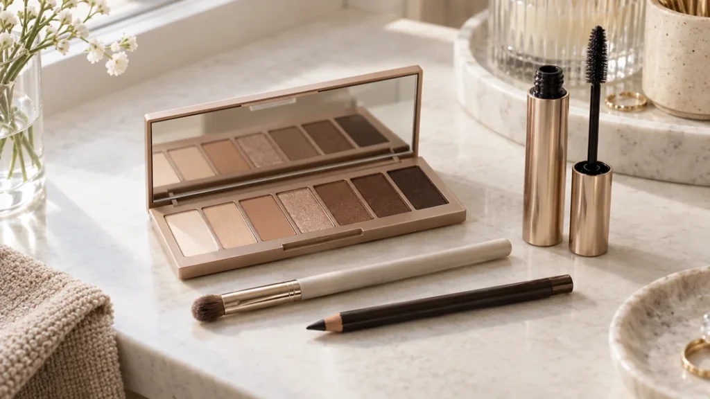 Essential products for how to apply make up to eyes, including eyeshadow, eyeliner, and mascara