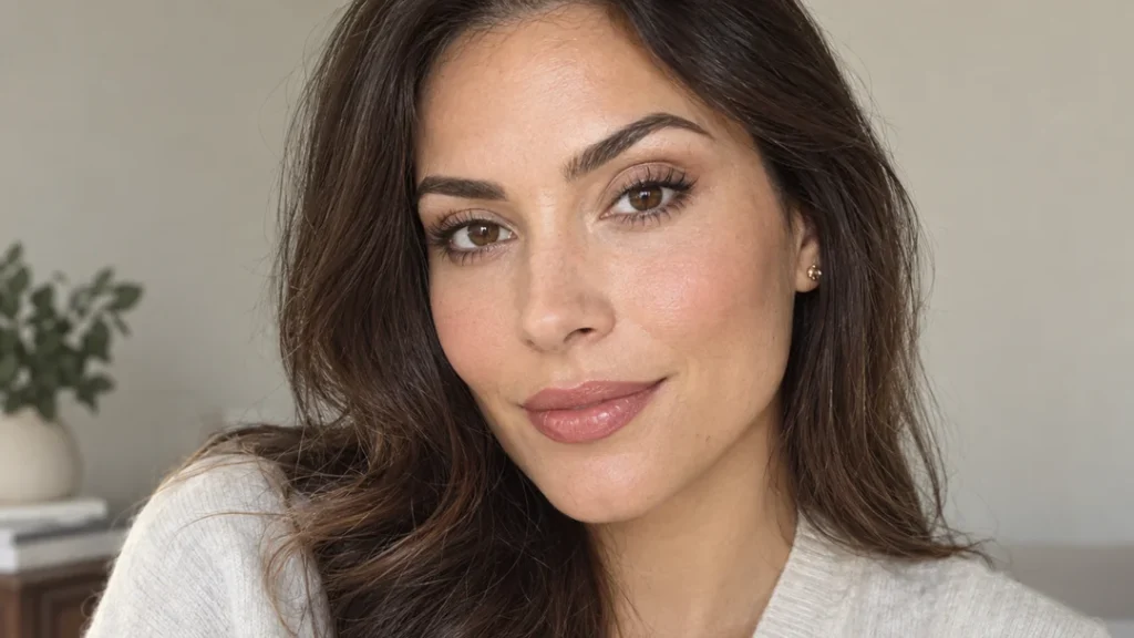 Finished everyday eye makeup with neutral eyeshadow, subtle eyeliner, and mascara
