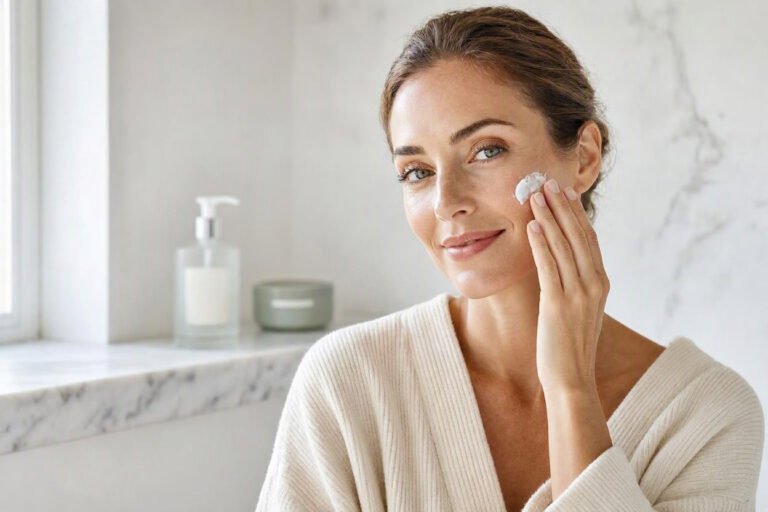 Woman gently exfoliating her face as part of a skincare routine