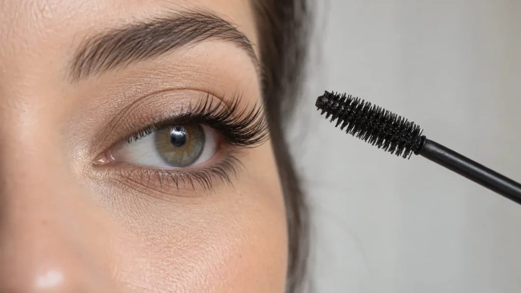 Can you use mascara on lash extensions? A mascara wand held near extended lashes