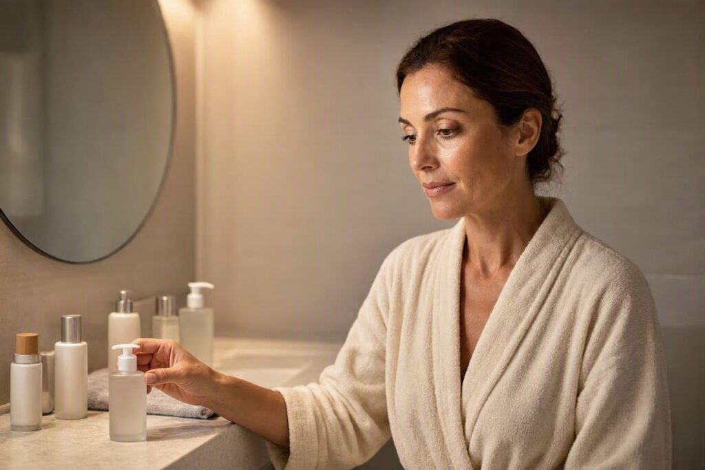 Skincare products arranged on a bathroom vanity