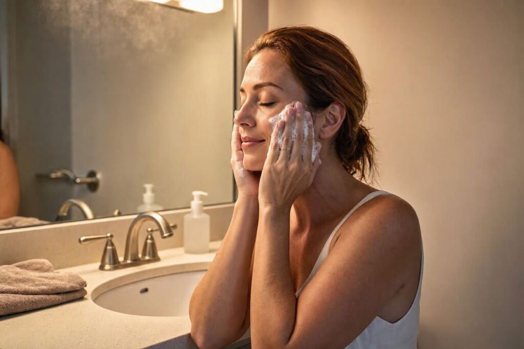 Woman gently washing her face at a bathroom sink